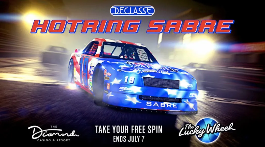 For the July 1st Grand Theft Auto weekly update the podium vehicle is the Declasse Hotring Sabre with 19 Patriot Beer Livery.
