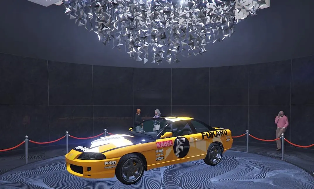 For the February 23rd, 2023 Grand Theft Auto V Online weekly update the podium vehicle is the Karin Previon wrapped in the Fukaru Livery.